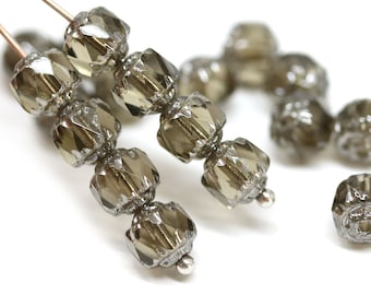 6mm Transparent gray cathedral beads, Czech glass round fire polished beads, silver ends 20Pc - 2937