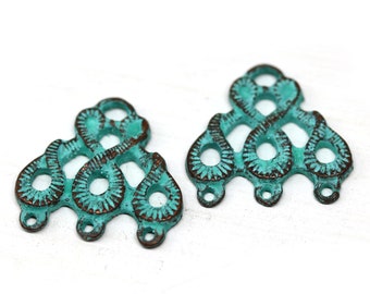 Copper earring connectors, Snake shape green patina 3 loop connector 2Pc - F271