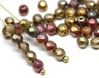 4mm Metallic czech glass beads mix Matte gold purple fire polished spacers, 50Pc - 3585