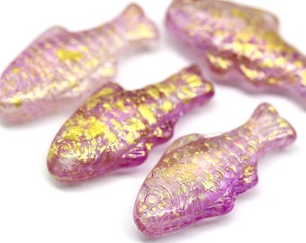 Grandes perles de poisson Verre tchèque rose poisson or lavage Fabrication de bijoux nautiques, 4Pc - 2027