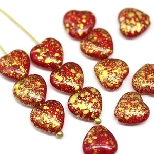 10mm Opal red heart beads gold wash czech glass pressed beads 15Pc - 2850