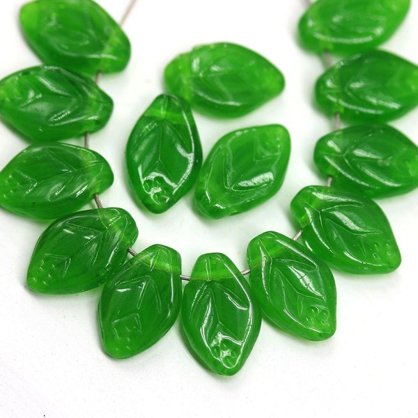 Green leaf beads 12x7mm Mixed green Czech glass pressed leaves 30Pc - 3668