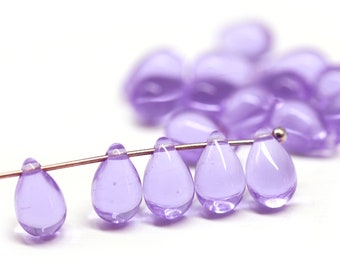 6x9mm Lilac teardrop czech glass beads, light purple drop beads 20pc - 0256