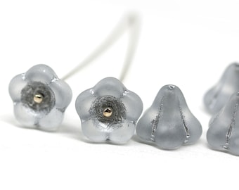 Frosted gray trumpet flower beads 11x13mm Czech glass bell cap puffy flower 6Pc - 5423