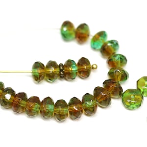 Czech Glass Rondelle Beads: Brown Topaz, Teal Green, Gemstone Cut (25pc)
