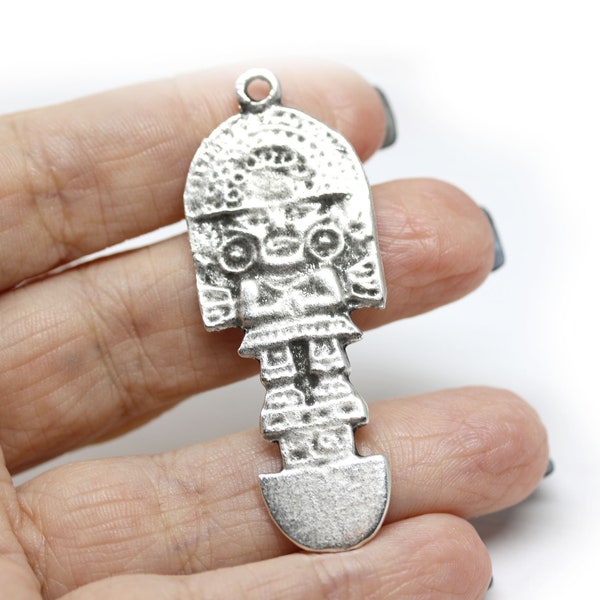 Antique silver Ethnic pendant, Inca totem Viracocha god symbol focal bead, Greek metal casting 1pc - F695