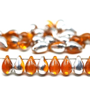 6x9mm Orange czech glass teardrop beads, silver coating top drilled drops, 30pc - 5341