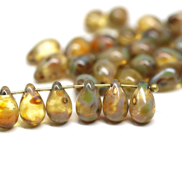 6x9mm Picasso topaz czech glass teardrop beads, pressed drop top drilled beads 40pc - 1306