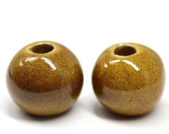 18mm Ocher yellow round ceramic beads, light brown enamel greek ceramic organic ball beads 2pc - 3080