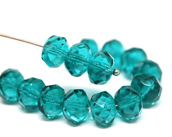 6x9mm Teal green Czech glass fire polished rondelle beads, Gemstone cut rondels, DIY jewelry supplies 15Pc - 0481