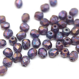4mm Matte metallic purple blue small czech beads, fire polished spacer beads, 50Pc - 0601