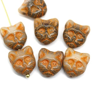 Brown cat beads rustic orange finish Czech glass feline beads 10pc - 3658