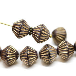11mm Large bicone beads, Golden stripes, Dark violet purple czech glass pressed beads 10pc - 0961