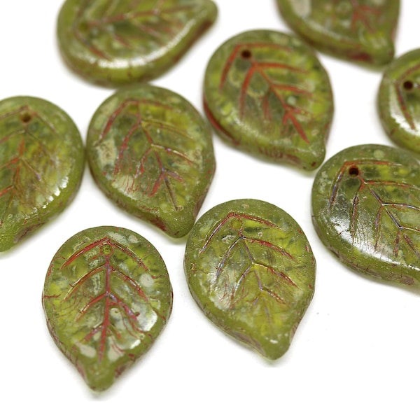 Rustic leaf beads Picasso finish green large leaves 18x13mm Czech glass picasso beads 10Pc - 3567