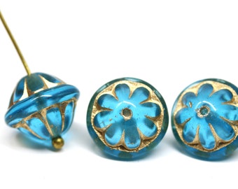 4pc Aqua blue large fancy bicone beads, golden inlays carved Czech glass round 12x14mm beads - 1898