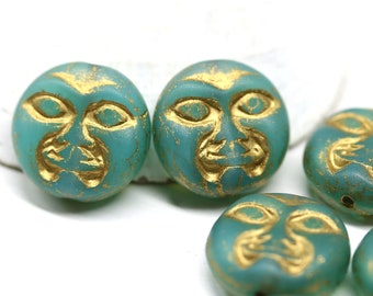 6pc Moon face beads Opal green celestial beads Golden inlays Czech glass tablet beads 13mm - 0206