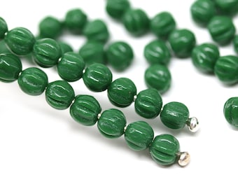 4mm Dark green round druk beads Czech glass Melon shape beads 50pc - 5315