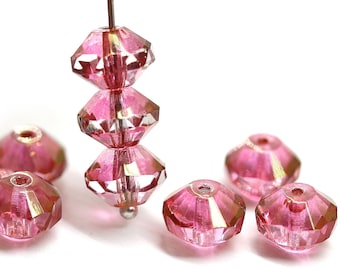 Bright pink rivoli beads 6x9mm saucer czech glass beads fire polished, 8Pc - 4018