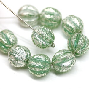 10mm Opal green round beads Silver wash czech glass beads Melon shape carved beads 10pc - 3376