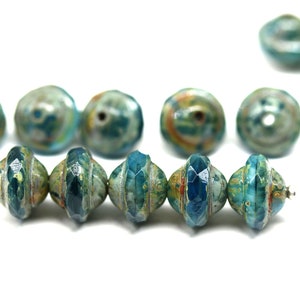 Mixed blue saucer beads 8x10mm UFO shape Picasso czech glass fire polished bicone saturn beads 6pc 5671 image 1