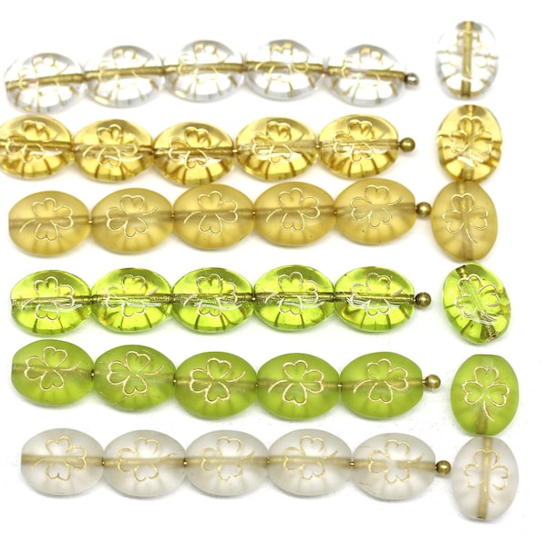 Shamrock Czech glass beads, green yellow clear golden inlays St. Patrick Irish lucky clover oval beads 10x8mm, 15pc