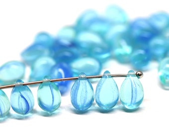 6x9mm Transparent aqua blue czech glass teardrop beads, mixed blue pressed drop top drilled beads 40pc - 1226