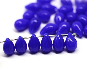 Navy blue drops 6x9mm czech glass teardrop top drilled beads, 30pc - 0836