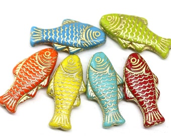 Large fish beads Czech glass bright colors fish 25x12mm gold wash Nautical jewelry making, 4Pc