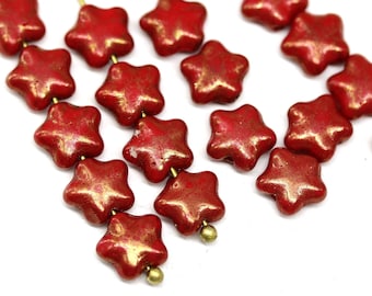 Red Star Czech Glass Beads with Gold Luster (8mm, 20pc)