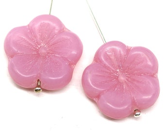 22mm Large pink flower beads, Opal pink czech glass big flower beads 2pc - 2044