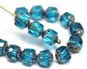 6mm Indicolite blue cathedral beads, czech glass fire polished round beads, golden ends 20Pc - 1876