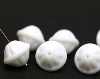 Large white bicone beads, Carved fancy Czech glass round 12x14mm beads 6Pc - 1312