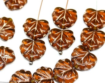 11x13mm Brown topaz maple leaf bead Czech glass leaves copper wash, 15Pc - 1197