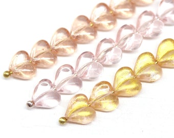 8mm Puffy pink heart beads Czech glass golden heart 30pc