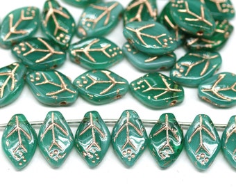 12x7mm Teal green glass leaf beads Czech glass, copper wash, 30Pc - 5332