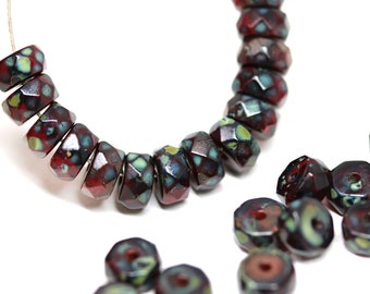 6x3mm Dark red picasso fire polished rondelle beads, Czech glass rondels faceted spacers 25Pc - 2485