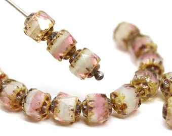 6mm Pink beige cathedral picasso beads Czech glass round fire polished 20Pc - 5775