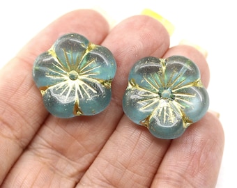 22mm Large teal green flower bead golden wash Czech glass big five petal flowers - 4018