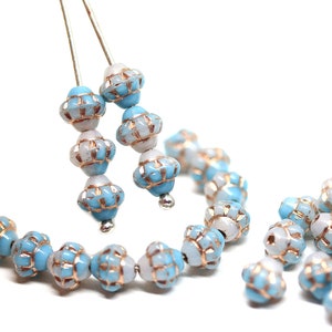 6mm Light blue fancy bicone beads, Czech glass golden inlays small bicones, 50pc - 5231