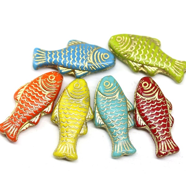 Large fish beads Czech glass bright colors fish 25x12mm gold wash Nautical jewelry making, 4Pc