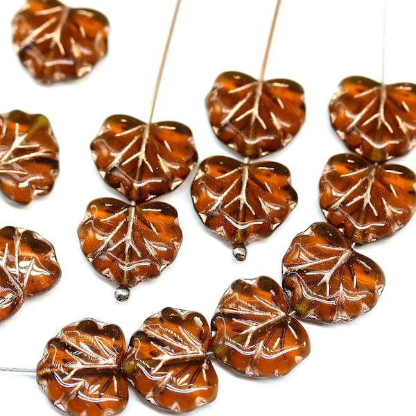 11x13mm Brown topaz maple leaf bead Czech glass leaves copper wash, 15Pc - 1197