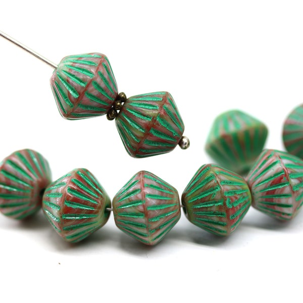 11mm Large brown Czech glass bicone beads green stripes 10pc - 5793