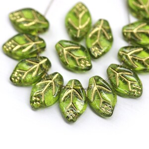 12x7mm Olive green leaf beads Gold wash Czech glass pressed olivine leaves 30Pc 3676 image 2