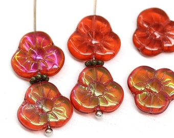 13mm Red pansy flower beads Red pink Czech glass daisy flower, 6pc - 3780