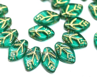 12x7mm Teal green glass leaf beads Golden wash Czech glass pressed leaves
