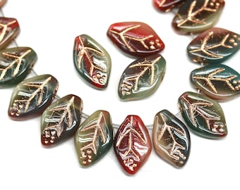 12x7mm Dark red green leaf beads Czech glass beads pressed leaves top drilled 30Pc - 5172