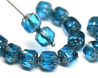8mm Indicolite blue Czech glass cathedral beads, silver ends blue round fire polished beads 10Pc - 5212
