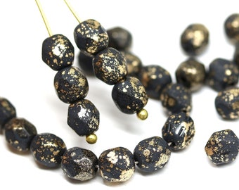 6mm Matte black round fire polished czech glass beads golden flakes faceted spacers, 30Pc - 3957