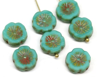 12mm Turquoise green pansy flower Czech glass beads, Picasso finish, Hawaiian flower 6pc- 1533