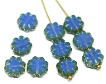 9mm Opal blue flower czech glass beads with travertine finish, flat daisy table cut fire polished beads 10pc - 1717